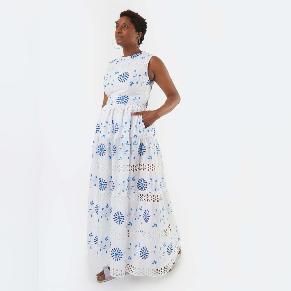 Meg White Blue Floral Eyelet Maxi Dress Extra Small